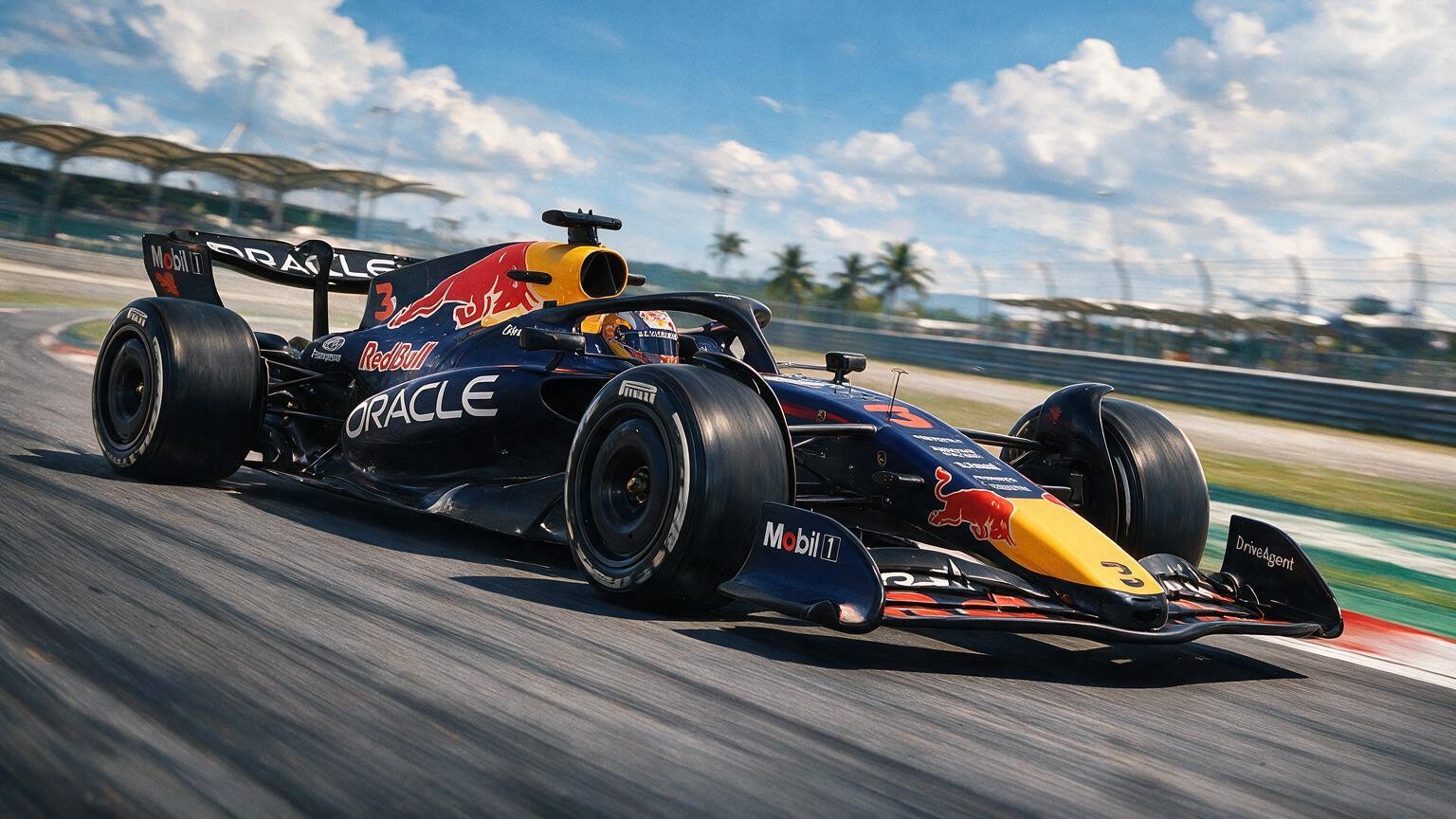Editorial illustration of Red Bull RB22, Red Bull car number 3, in a racing setting