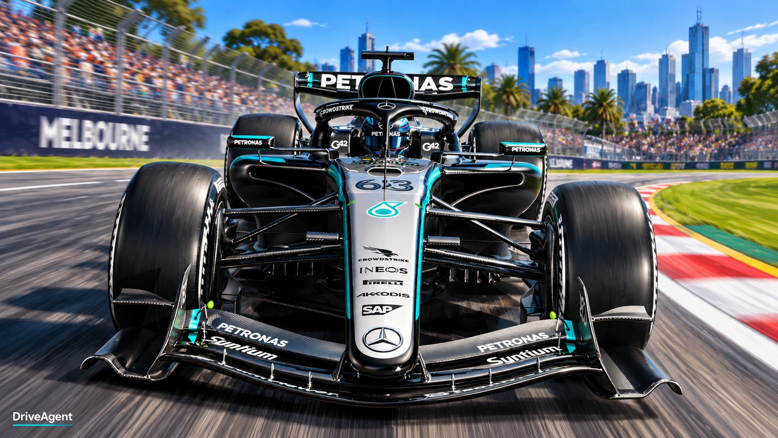 Editorial illustration of Mercedes-AMG W17, Mercedes car number 63, in a racing setting