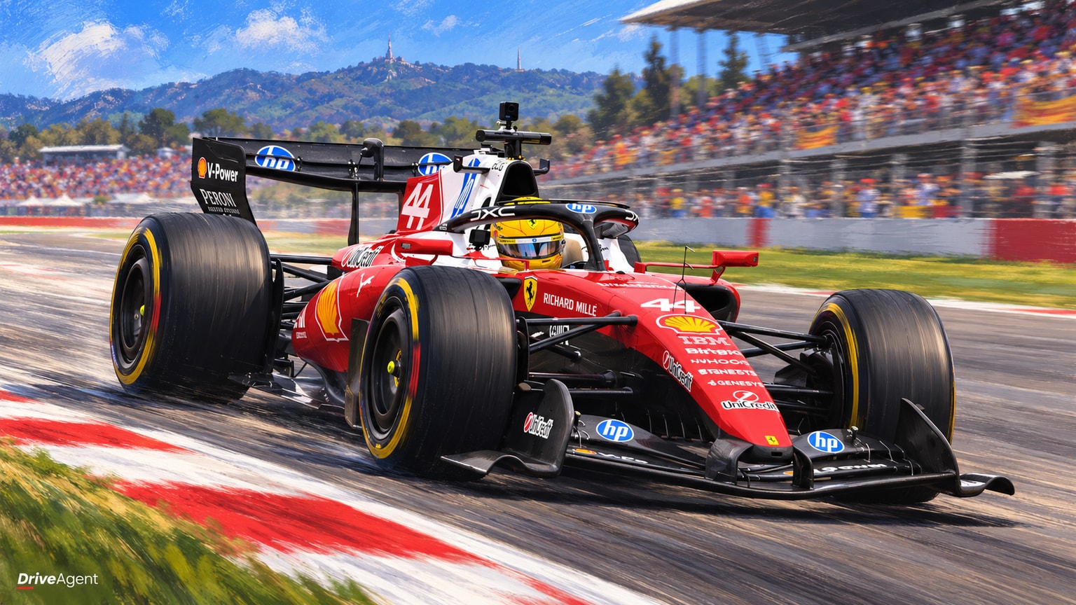 Editorial illustration of Ferrari SF-26, Ferrari car number 44, in a racing setting