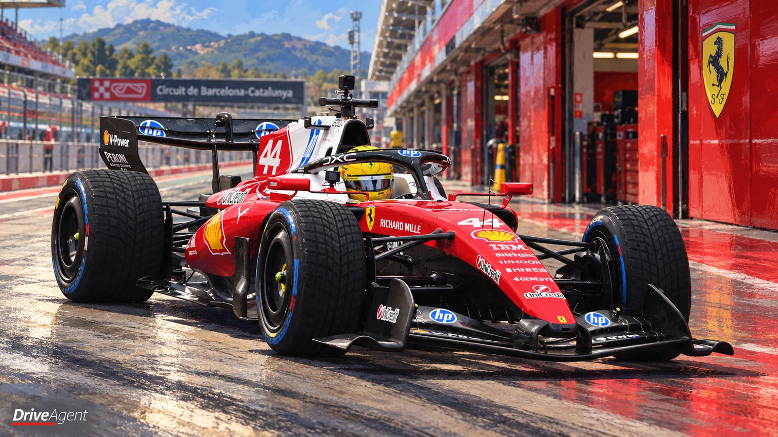 Editorial illustration of Ferrari SF-26, Ferrari car number 44, in a racing setting