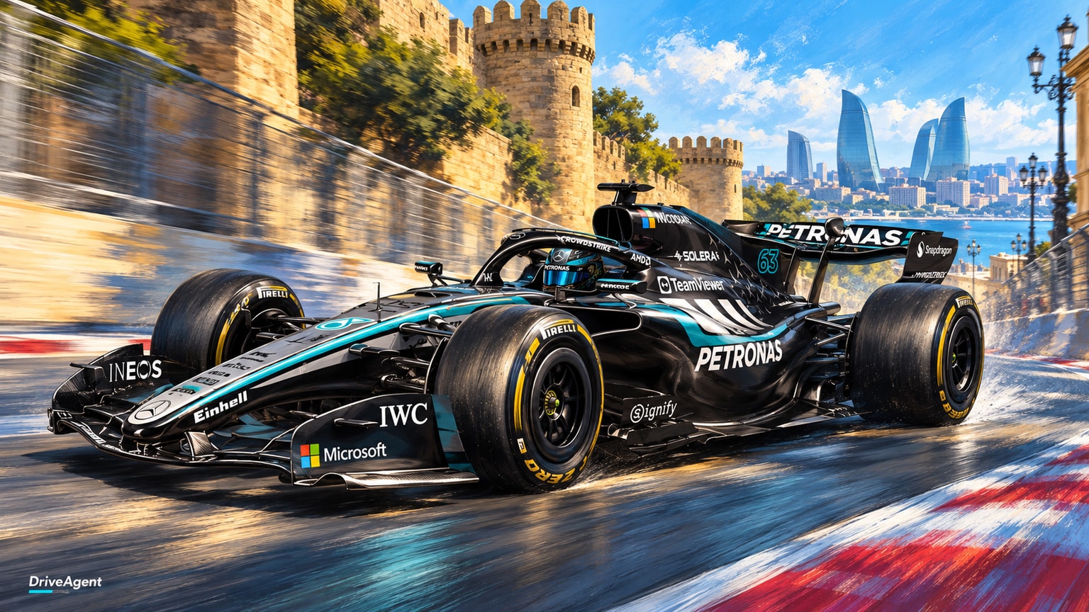 Editorial illustration of Mercedes-AMG W17, Mercedes car number 63, in a racing setting