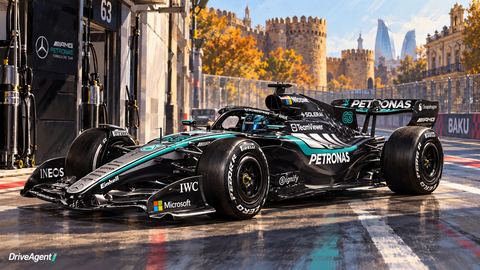 Editorial illustration of Mercedes-AMG W17, Mercedes car number 63, in a racing setting