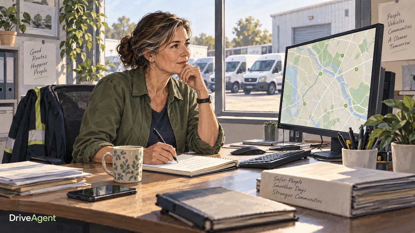 Editorial illustration: A fleet manager reviewing a route map with delivery vans outside.