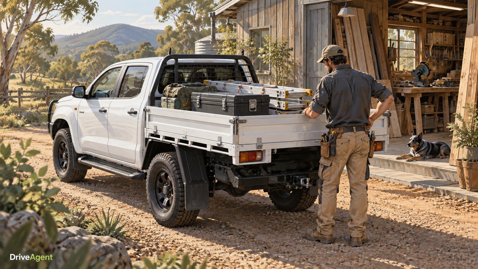 Editorial illustration: A tradesperson checking a work ute’s tray and tools.