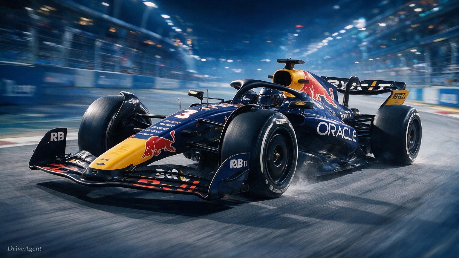 Editorial illustration of Red Bull RB22, Red Bull car number 3, in a racing setting