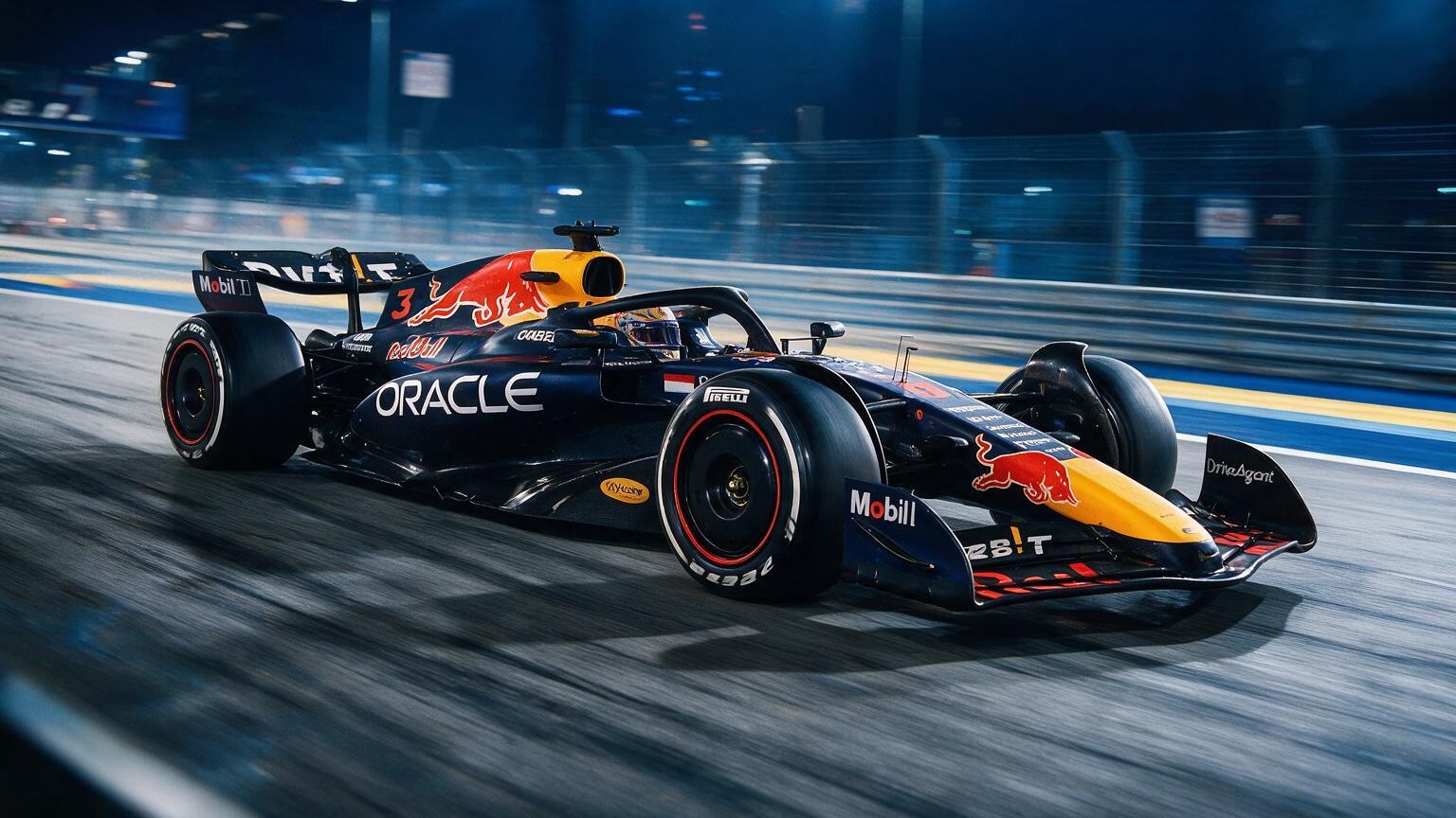 Editorial illustration of Red Bull RB22, Red Bull car number 3, in a racing setting