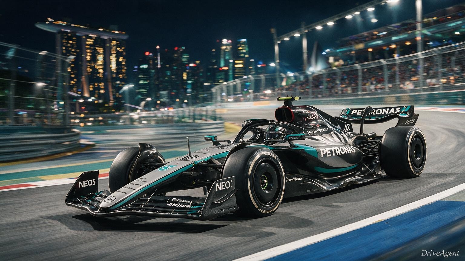 Editorial illustration of Mercedes-AMG W17, Mercedes car number 12, in a racing setting