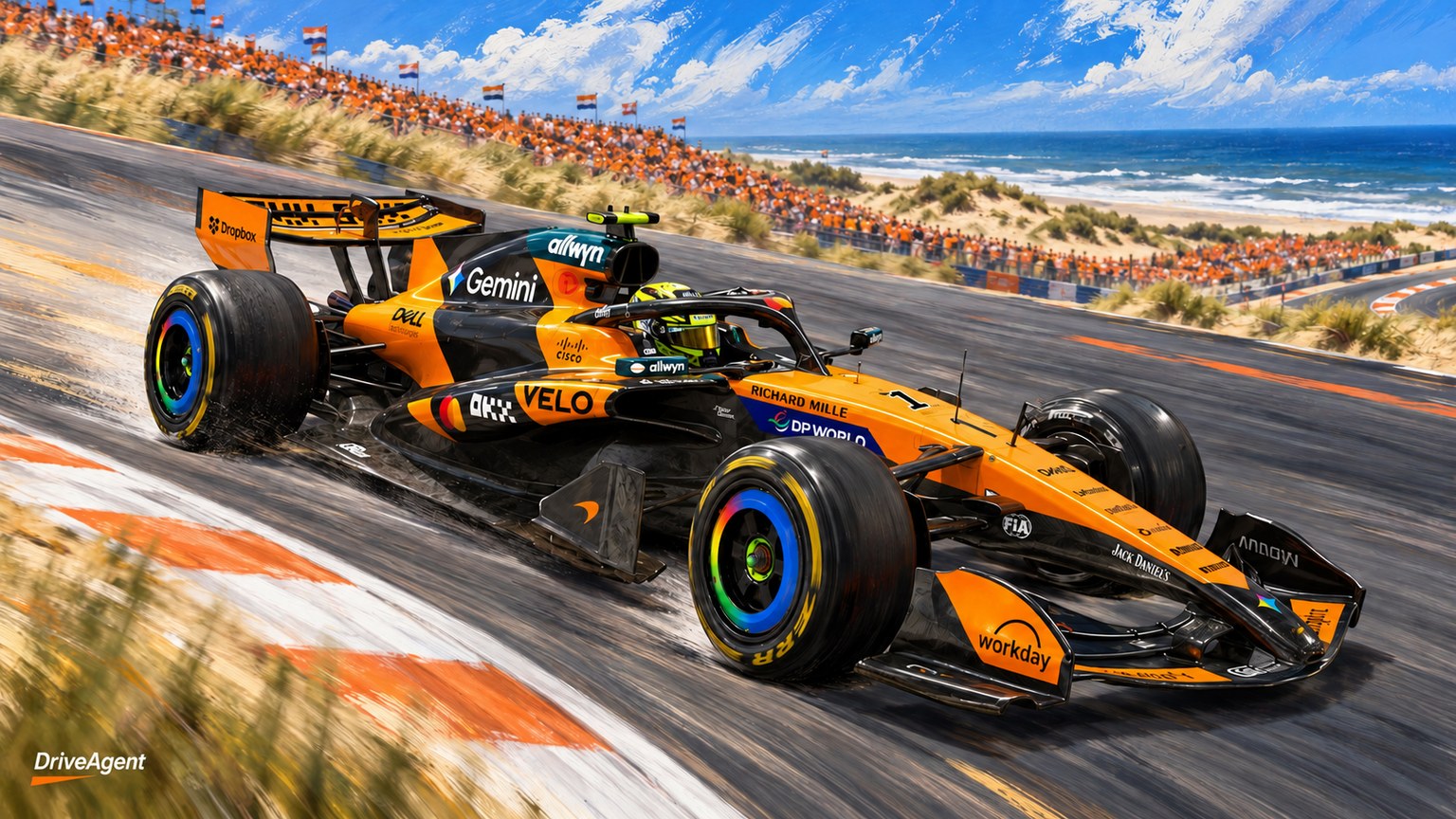 Editorial illustration of McLaren MCL40, McLaren car number 1, in a racing setting