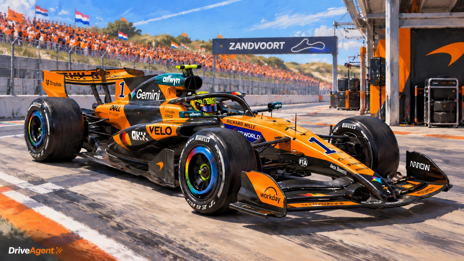 Editorial illustration of McLaren MCL40, McLaren car number 1, in a racing setting