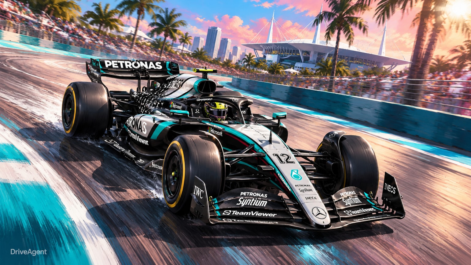 Editorial illustration of Mercedes-AMG W17, Mercedes car number 12, in a racing setting