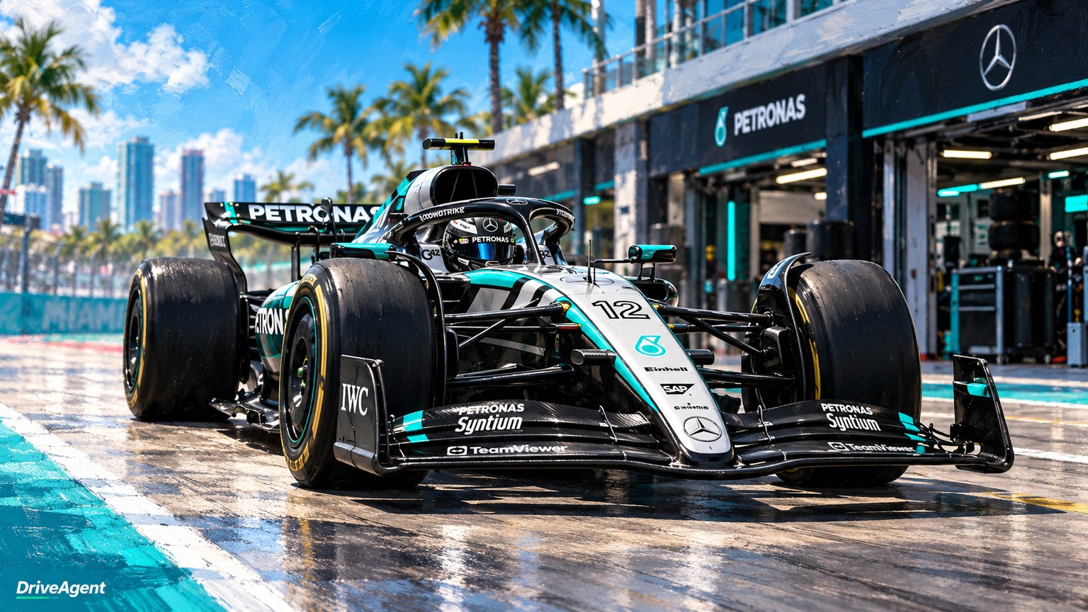 Editorial illustration of Mercedes-AMG W17, Mercedes car number 12, in a racing setting