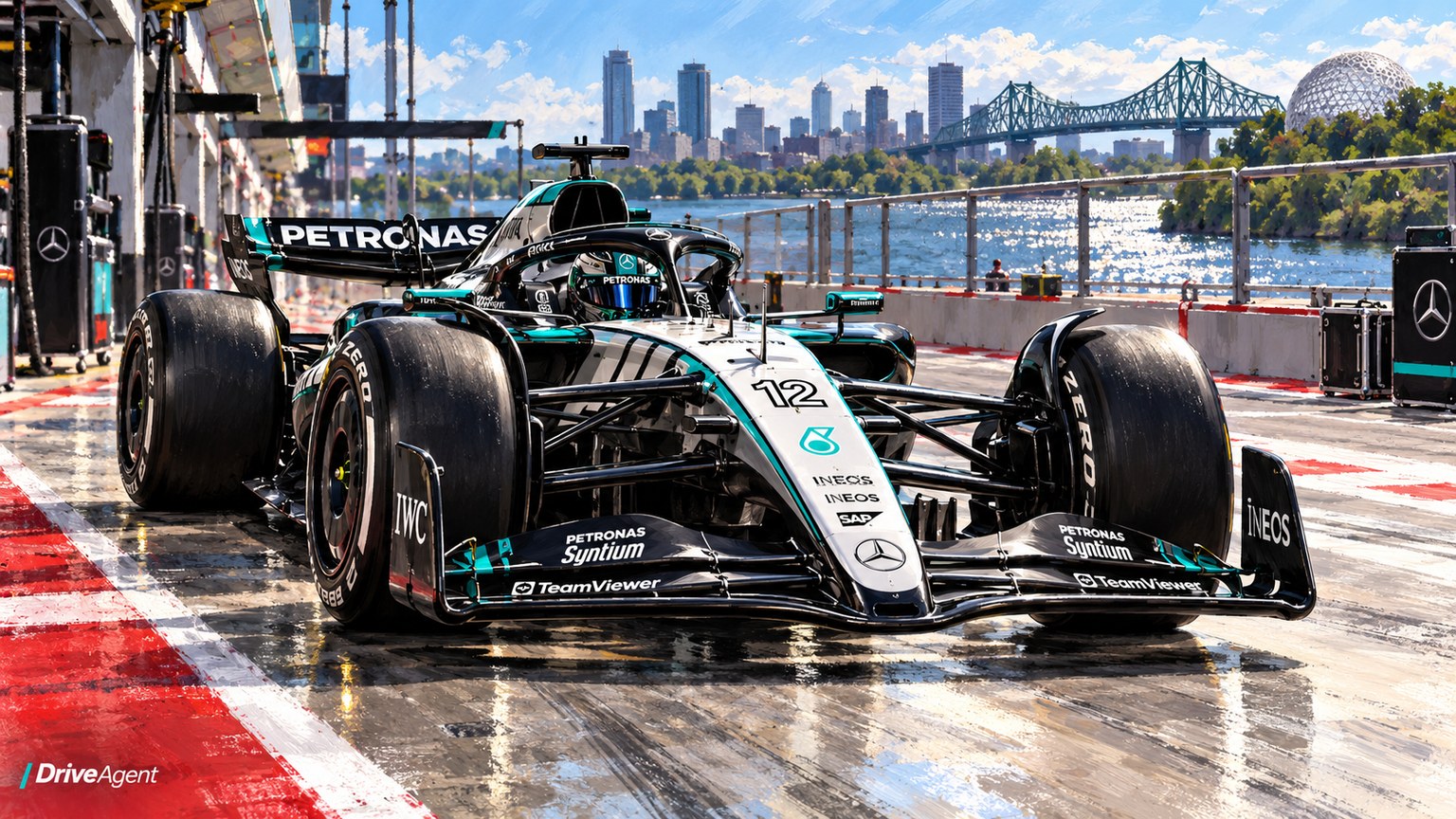Editorial illustration of Mercedes-AMG W17, Mercedes car number 12, in a racing setting