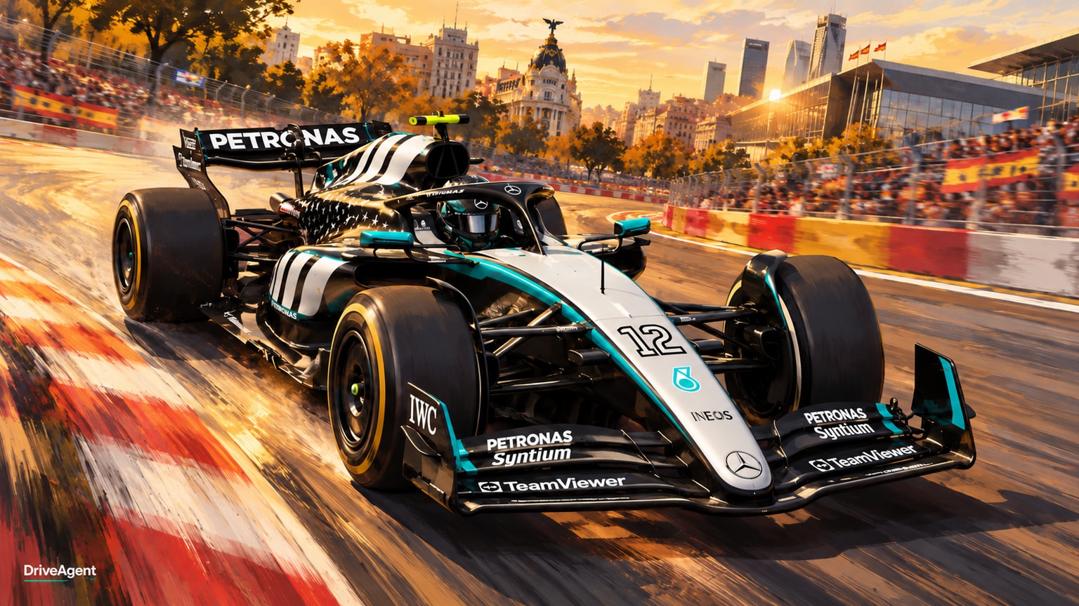 Editorial illustration of Mercedes-AMG W17, Mercedes car number 12, in a racing setting