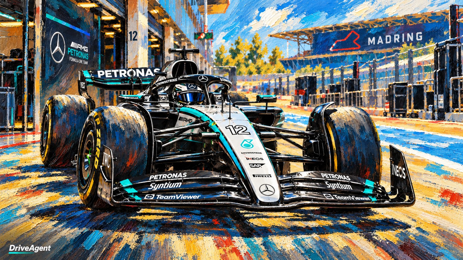 Editorial illustration of Mercedes-AMG W17, Mercedes car number 12, in a racing setting