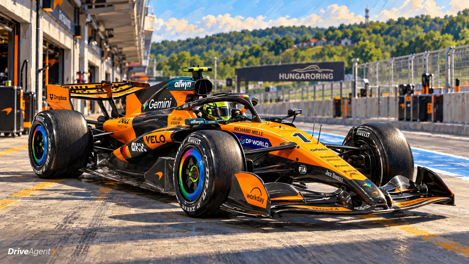 Editorial illustration of McLaren MCL40, McLaren car number 1, in a racing setting