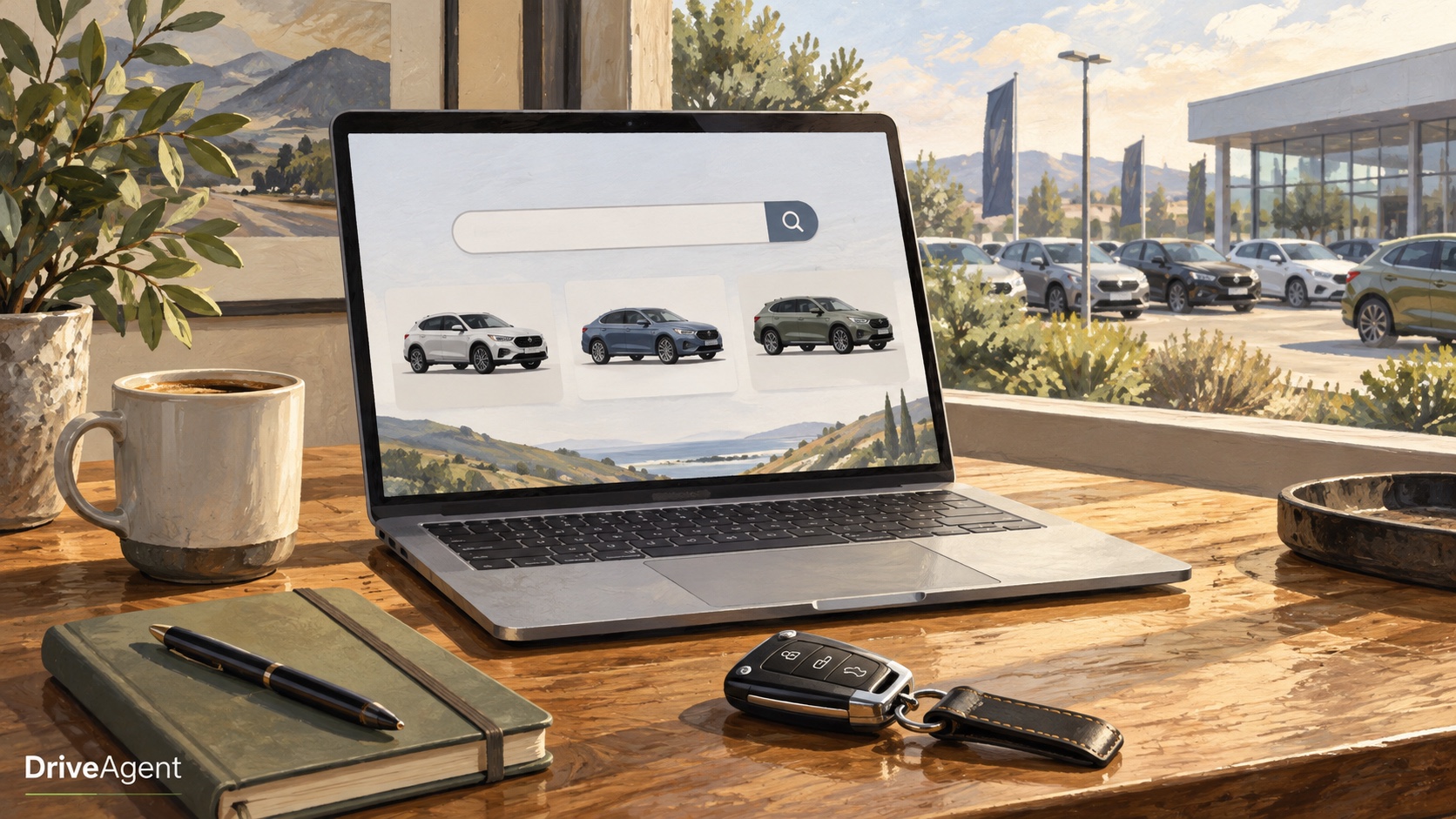 Editorial illustration: A laptop showing vehicle search choices beside car keys.