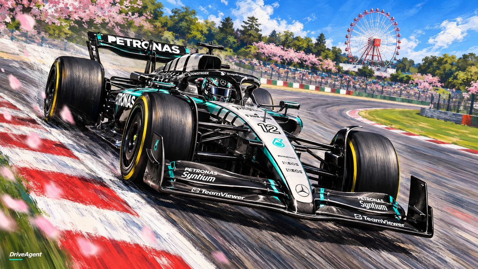 Editorial illustration of Mercedes-AMG W17, Mercedes car number 12, in a racing setting