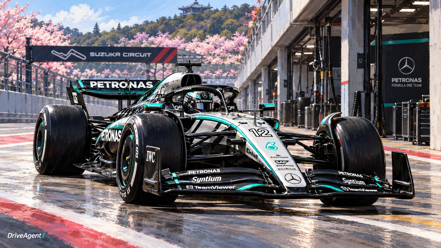 Editorial illustration of Mercedes-AMG W17, Mercedes car number 12, in a racing setting