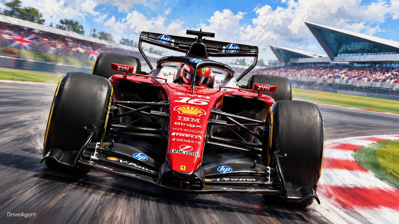 Editorial illustration of Ferrari SF-26, Ferrari car number 16, in a racing setting