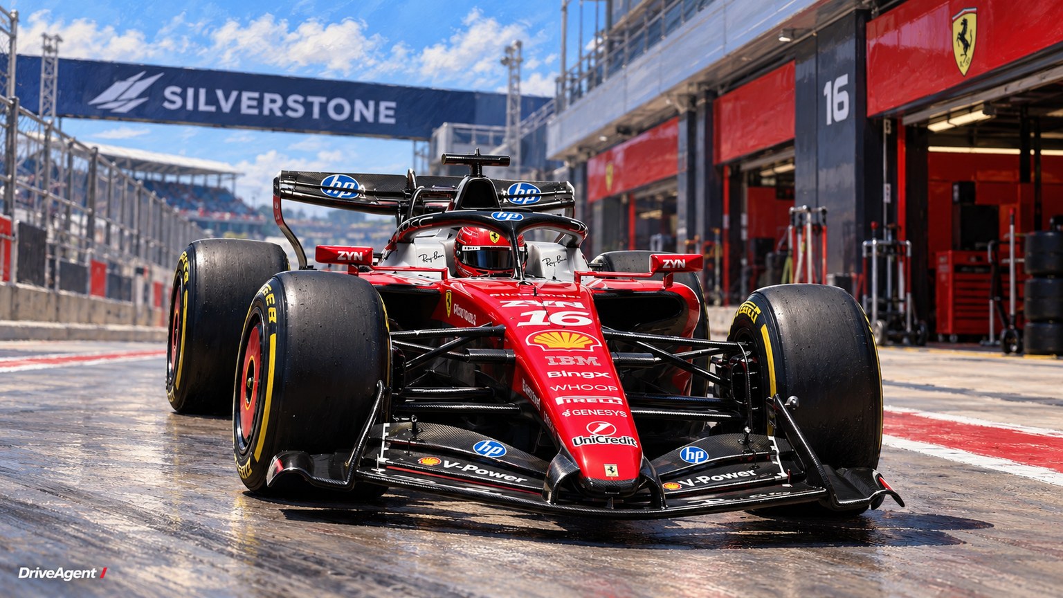 Editorial illustration of Ferrari SF-26, Ferrari car number 16, in a racing setting