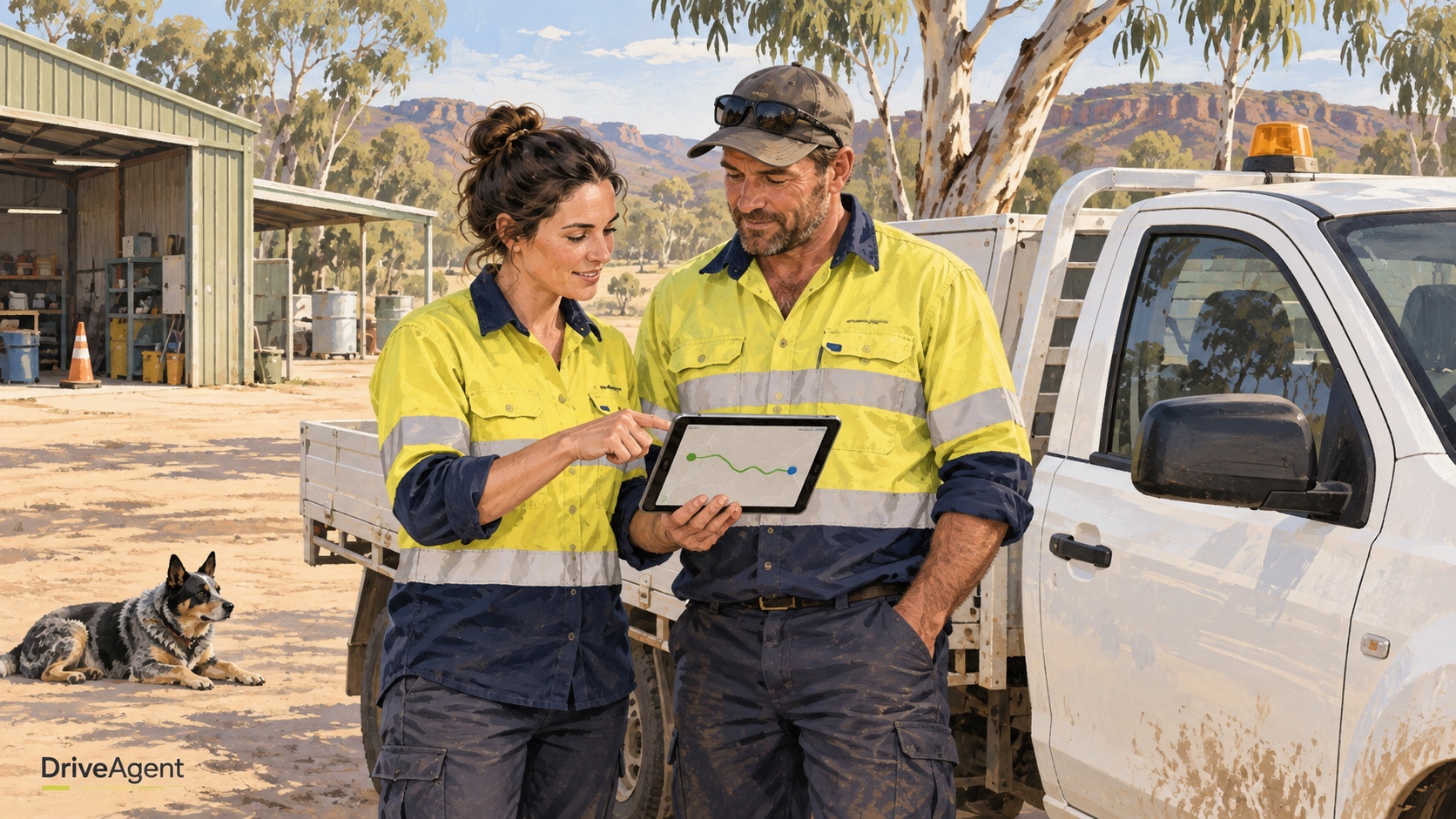 Editorial illustration: Two fleet workers reviewing a route on a tablet beside a work vehicle.