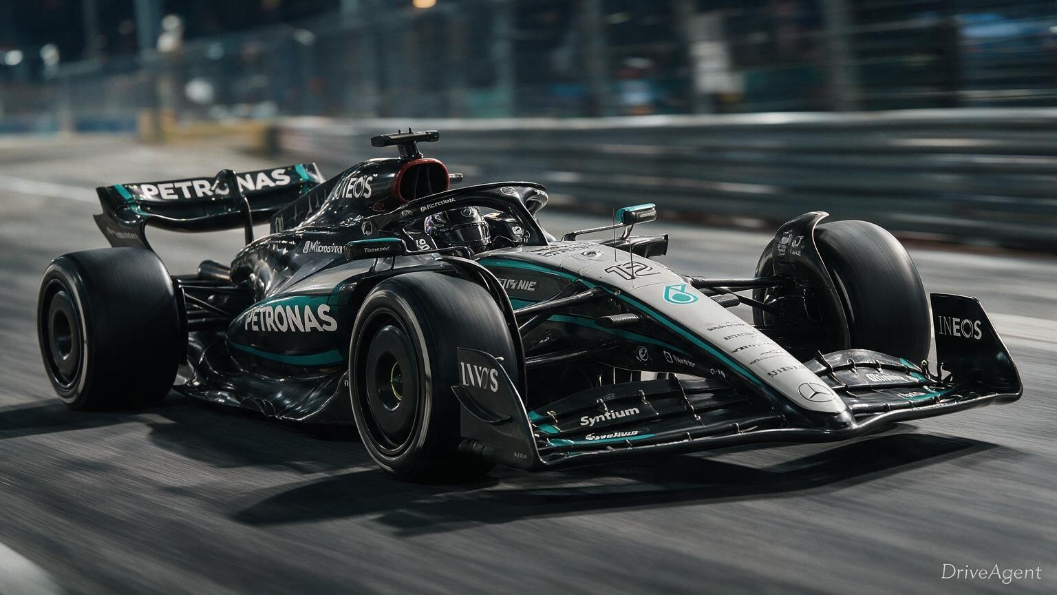 Editorial illustration of Mercedes-AMG W17, Mercedes car number 12, in a racing setting