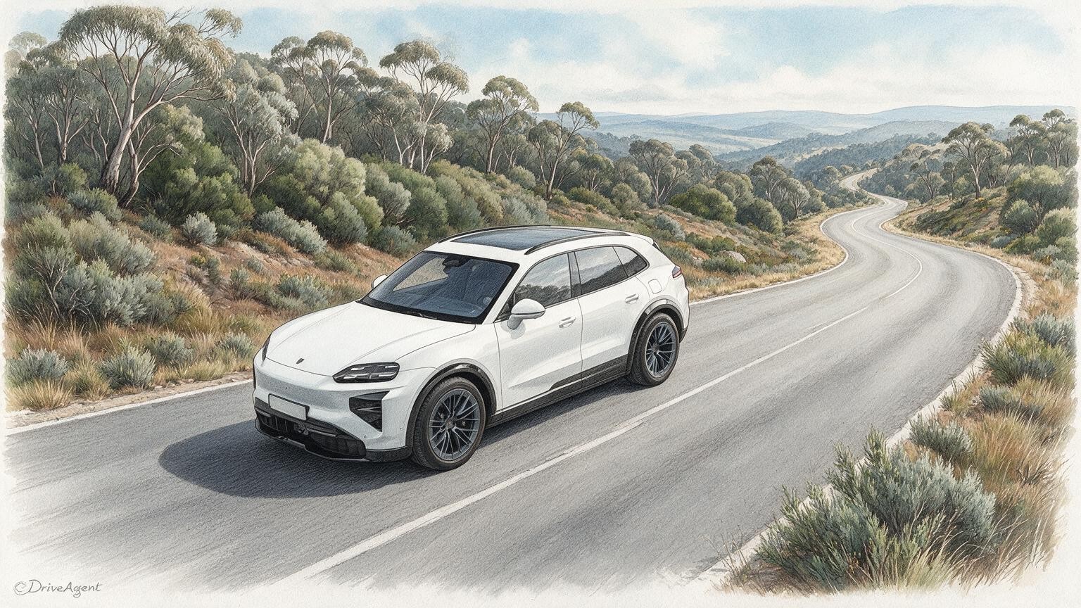 AI editorial illustration of the Porsche Cayenne Electric