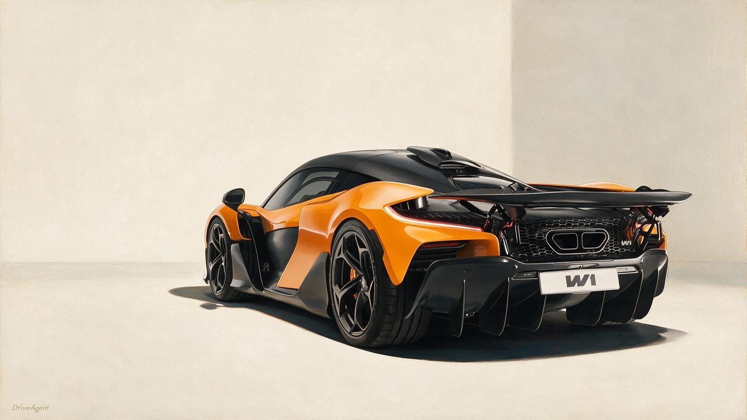 AI editorial illustration of a McLaren W1 hybrid hypercar, rear three-quarter view