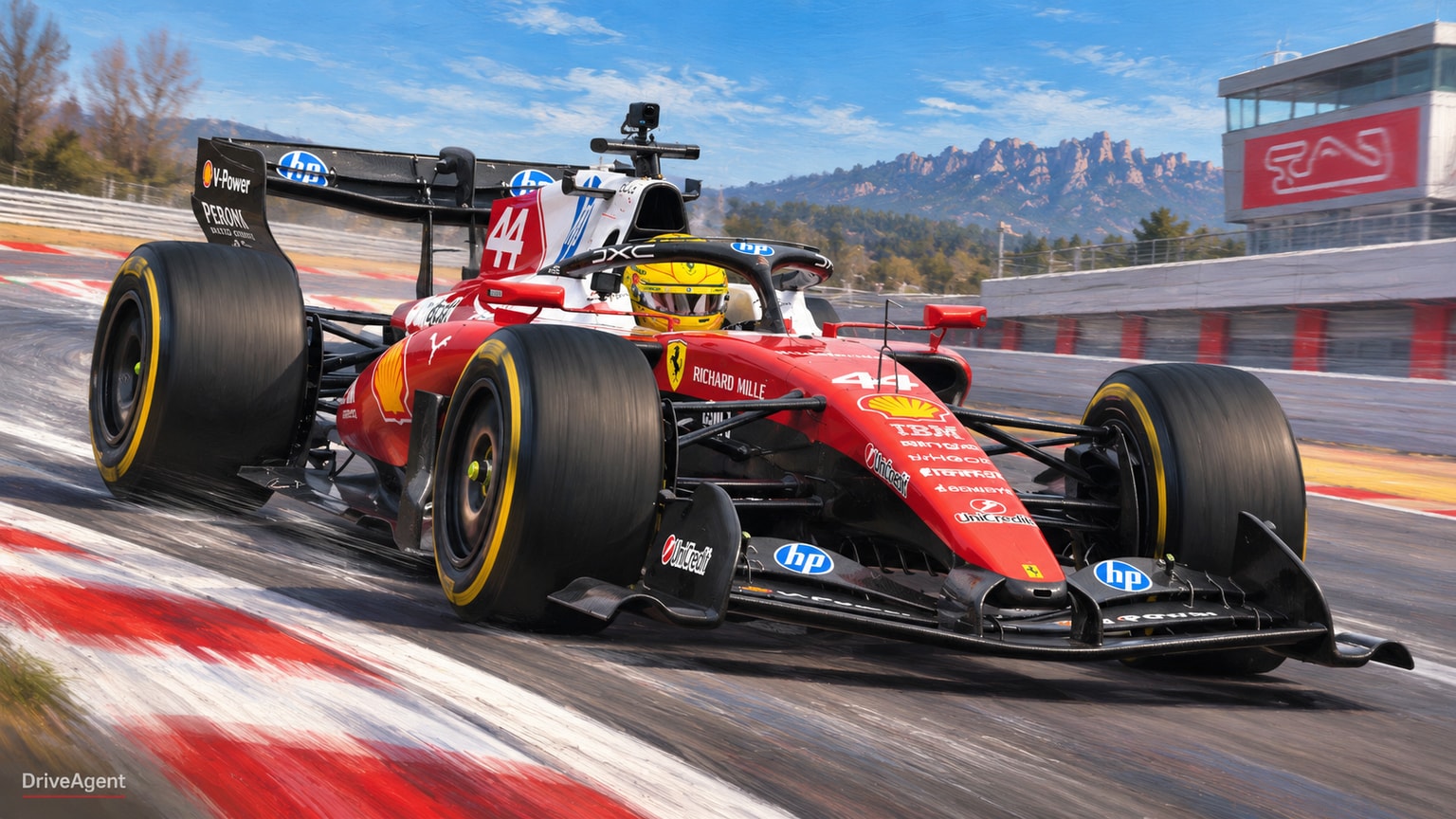 Editorial illustration of Ferrari SF-26, Ferrari car number 44, in a racing setting