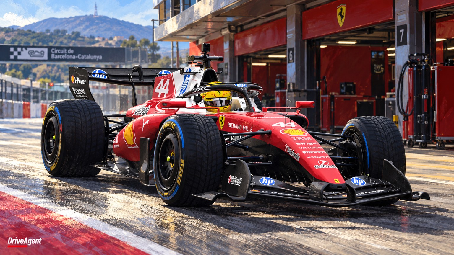 Editorial illustration of Ferrari SF-26, Ferrari car number 44, in a racing setting
