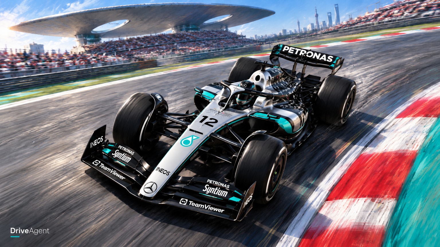 Editorial illustration of Mercedes-AMG W17, Mercedes car number 12, in a racing setting