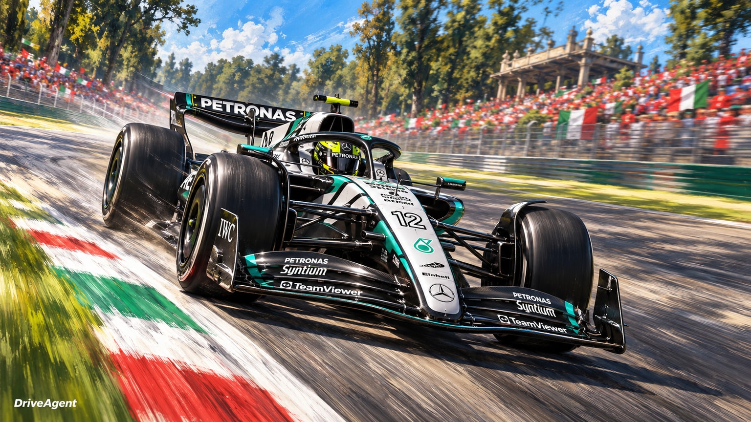 Editorial illustration of Mercedes-AMG W17, Mercedes car number 12, in a racing setting