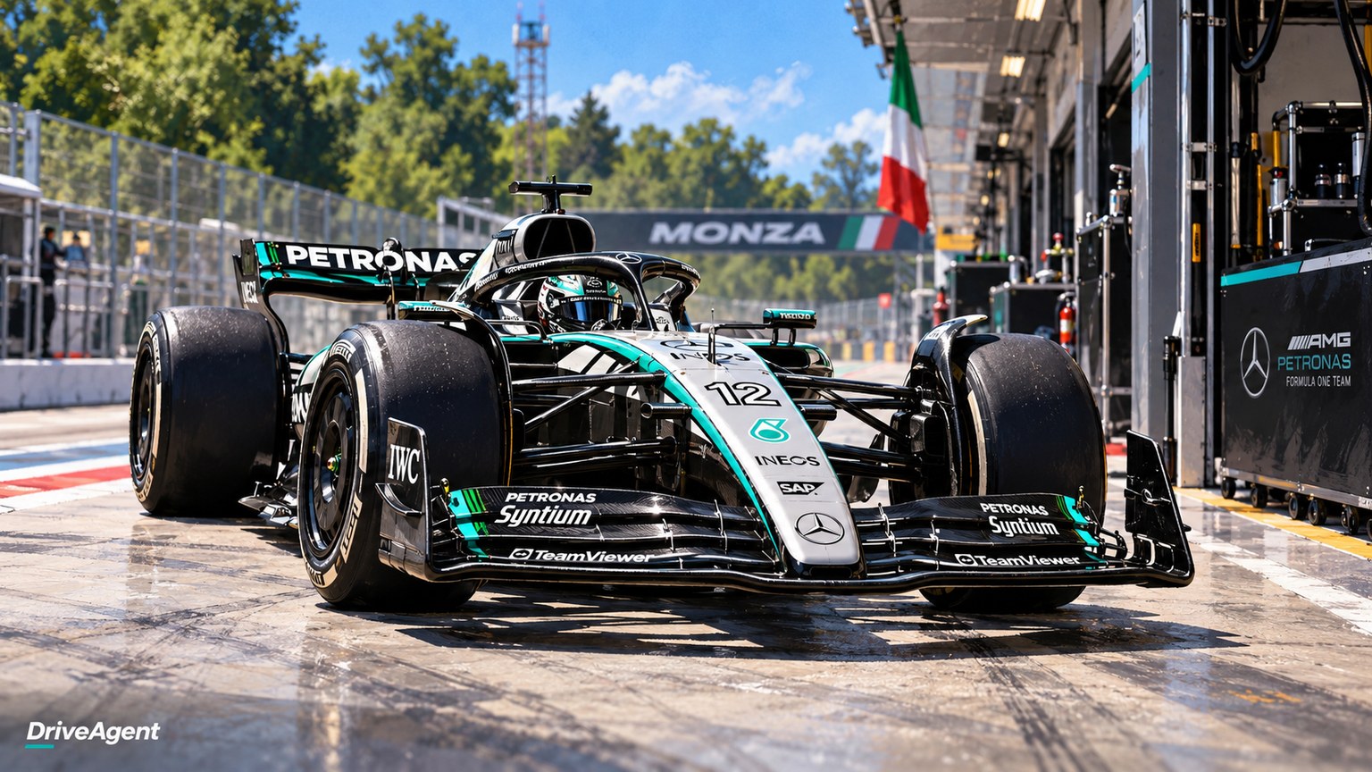 Editorial illustration of Mercedes-AMG W17, Mercedes car number 12, in a racing setting