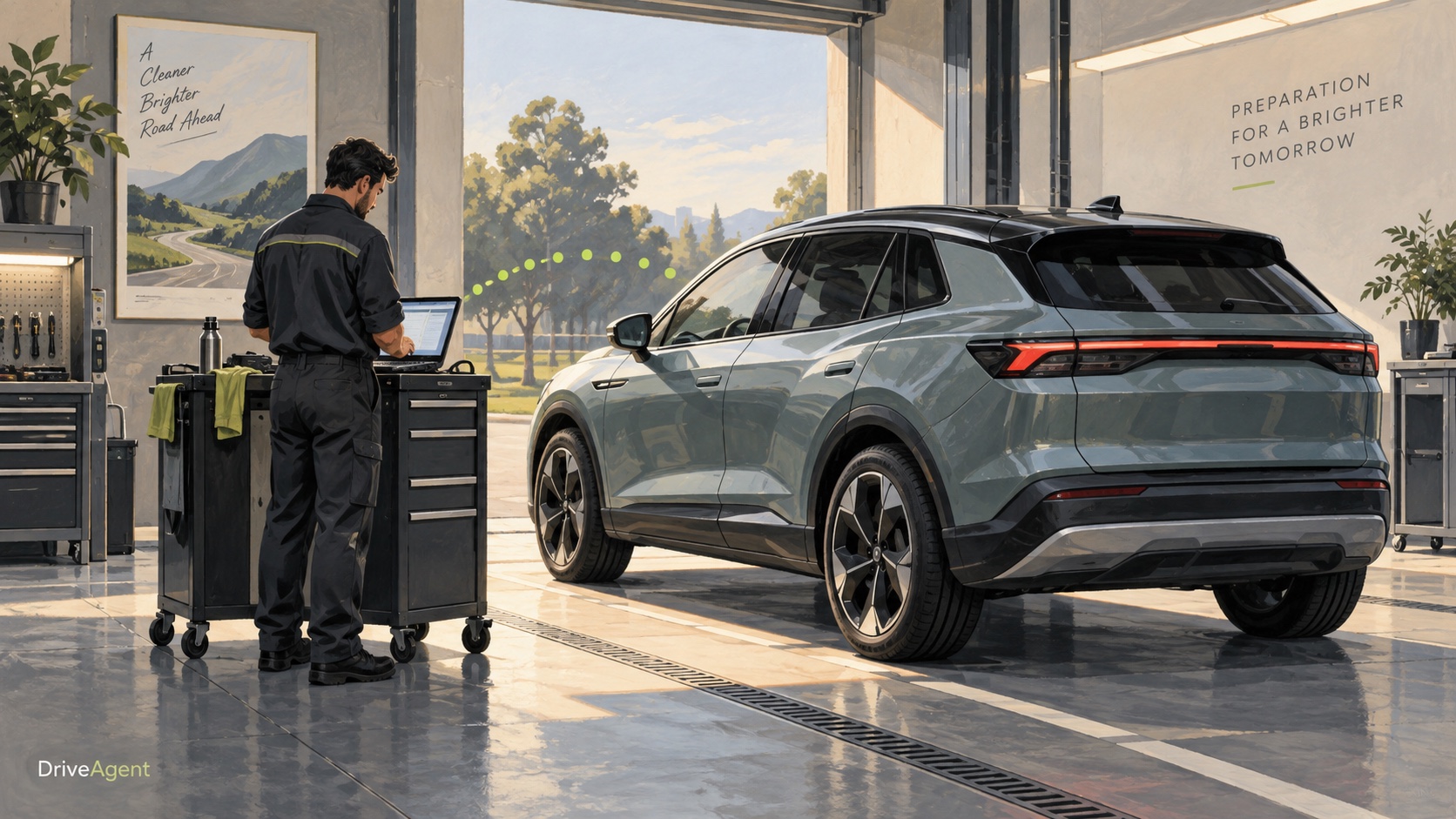 Editorial illustration: A technician and laptop beside a car in a vehicle preparation bay.