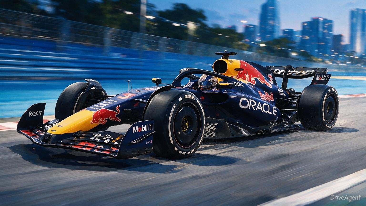 Editorial illustration of Red Bull RB22, Red Bull car number 3, in a racing setting