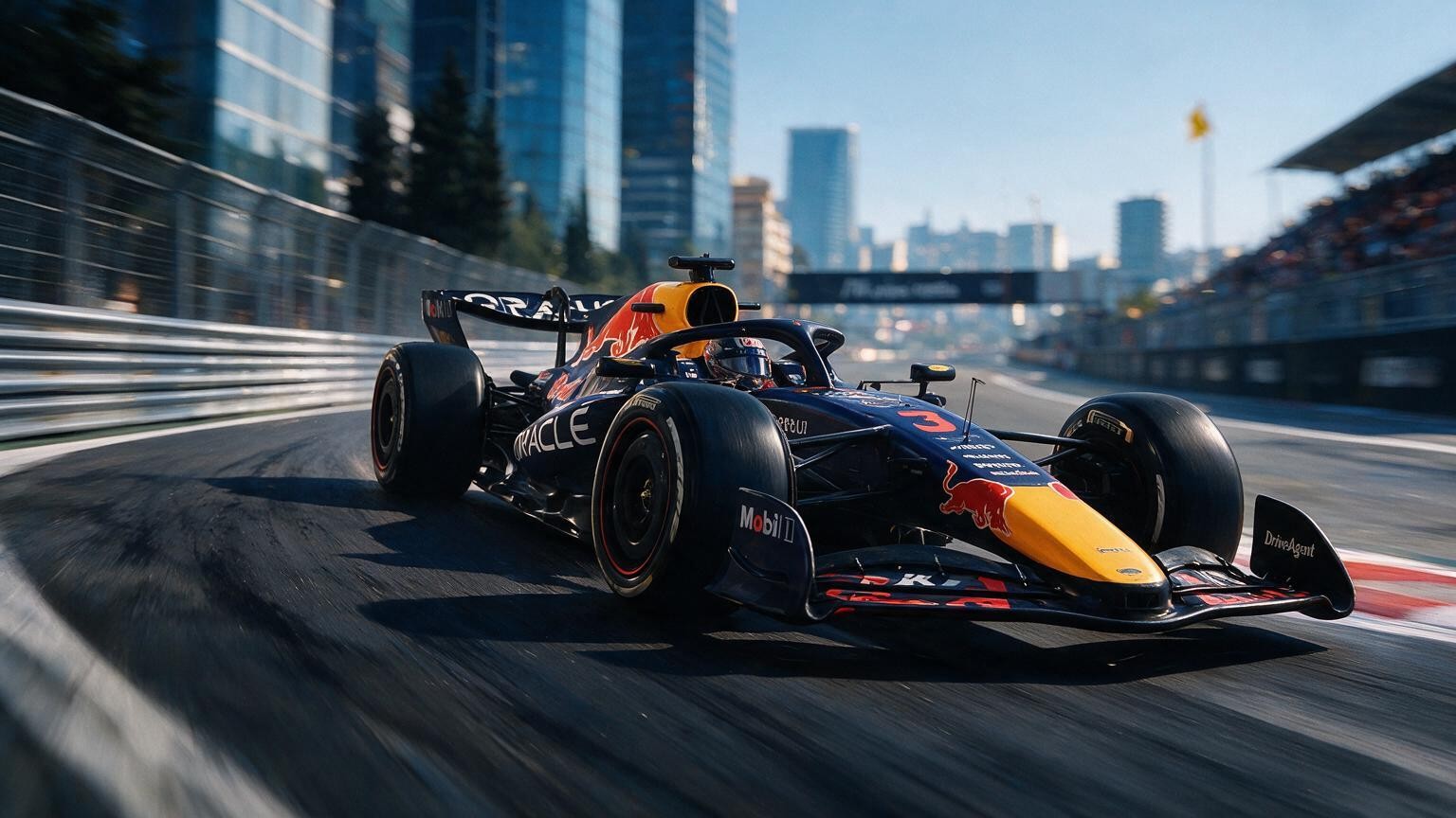 Editorial illustration of Red Bull RB22, Red Bull car number 3, in a racing setting
