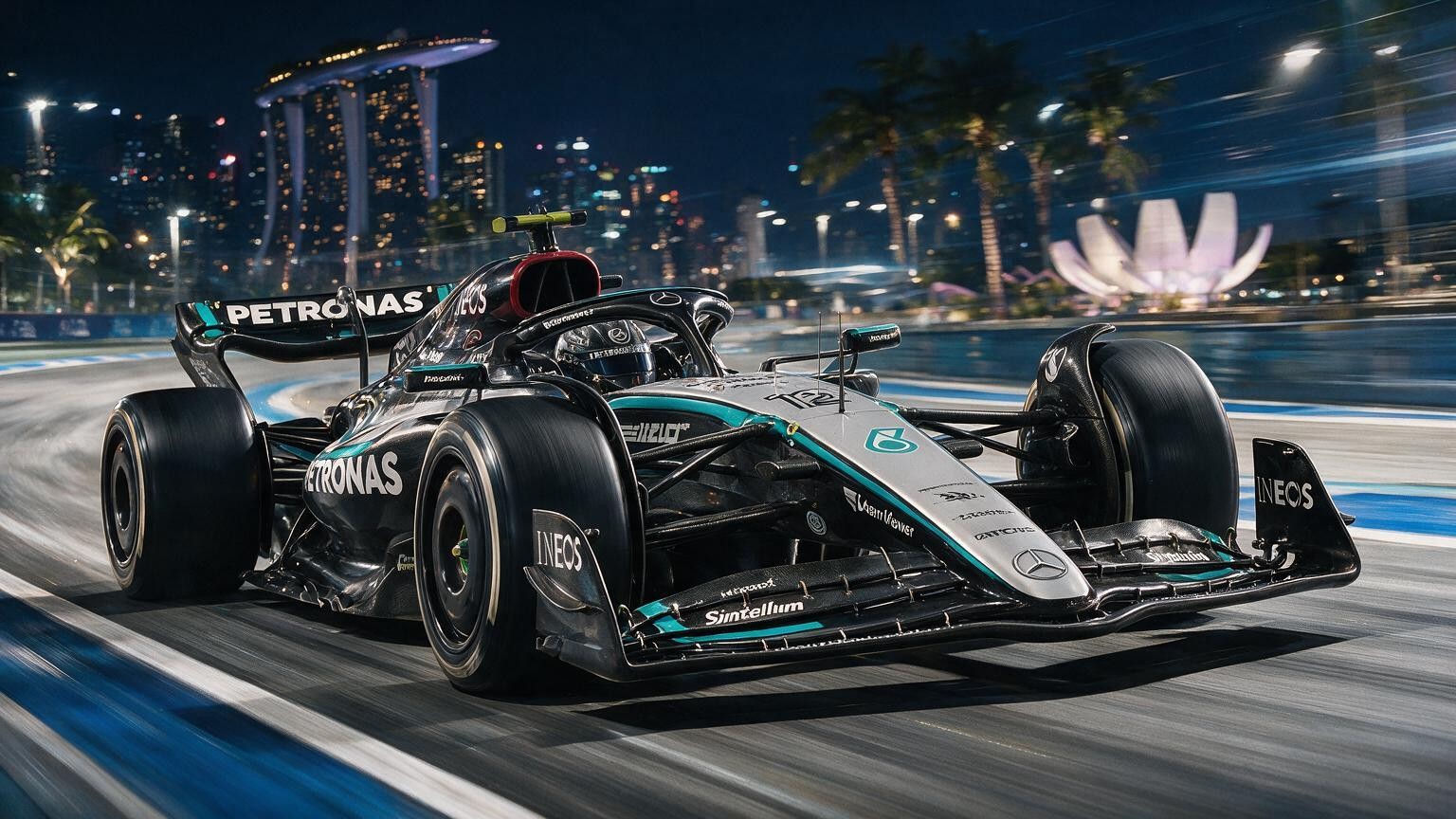 Editorial illustration of Mercedes-AMG W17, Mercedes car number 12, in a racing setting