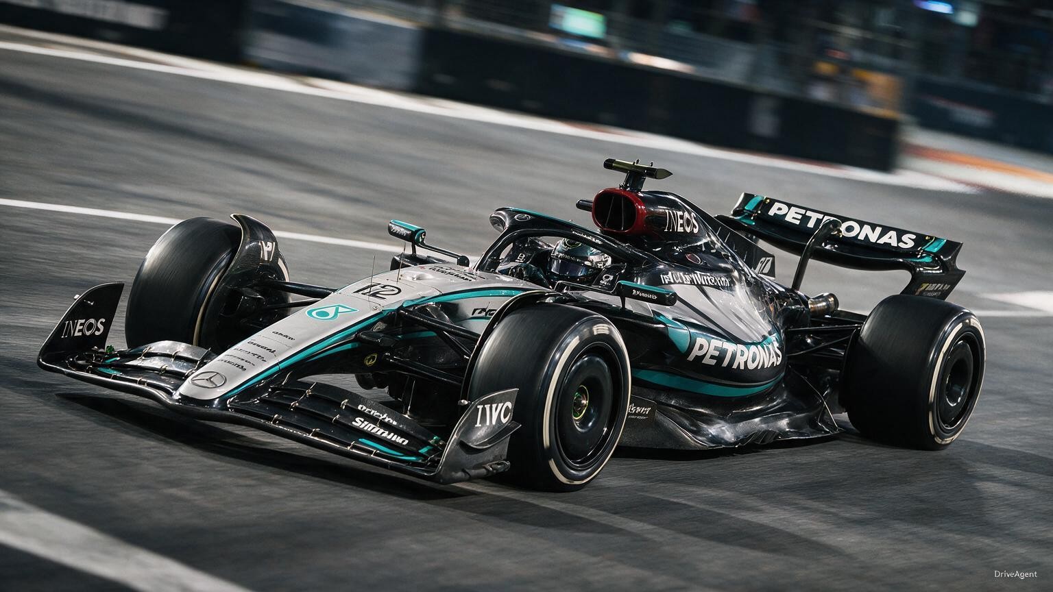 Editorial illustration of Mercedes-AMG W17, Mercedes car number 12, in a racing setting