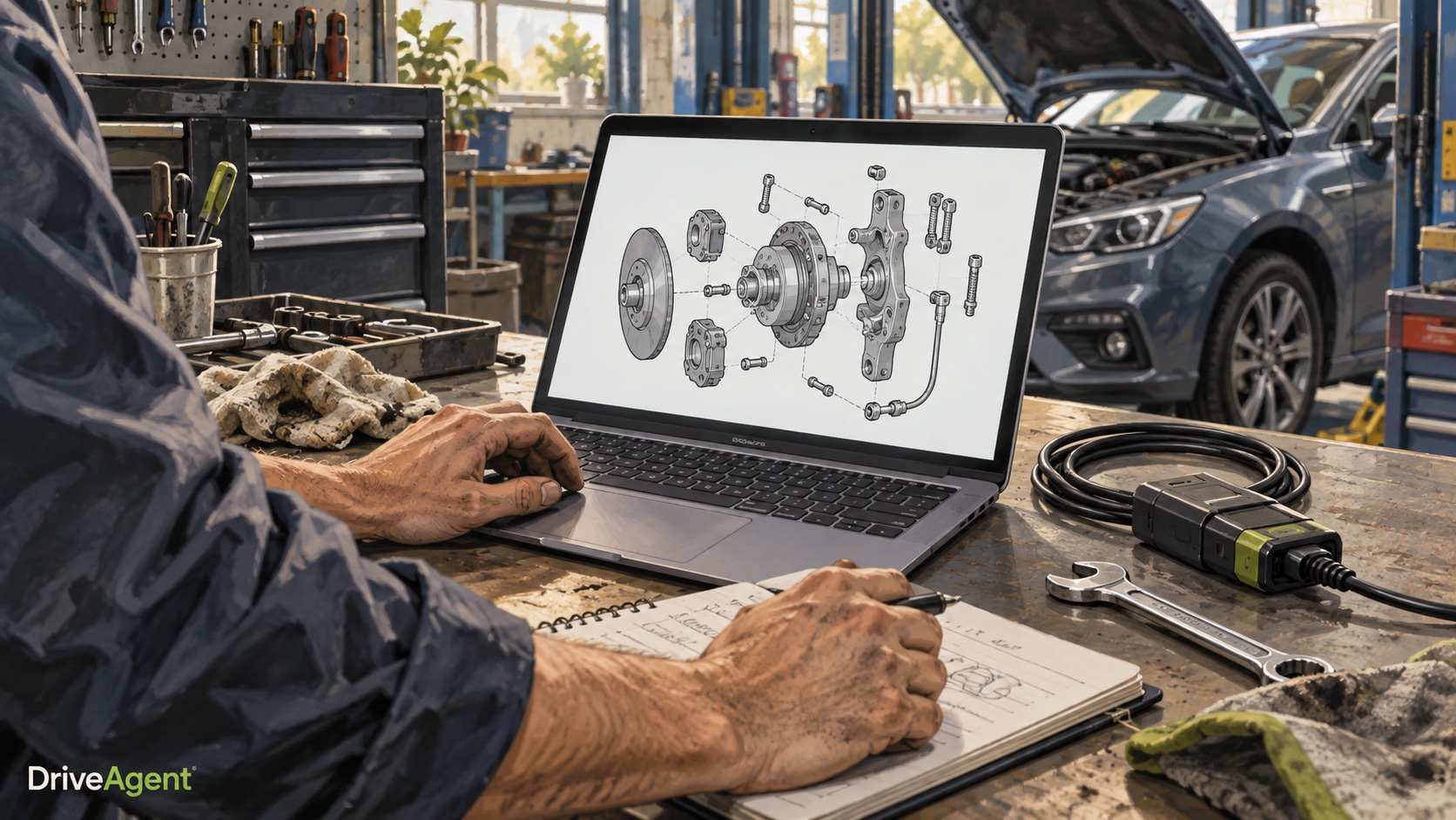 Editorial illustration: A repairer consulting a mechanical diagram on a laptop in a workshop.