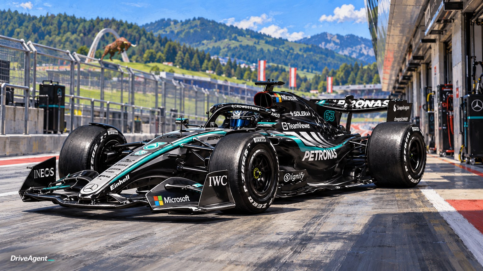 Editorial illustration of Mercedes-AMG W17, Mercedes car number 63, in a racing setting