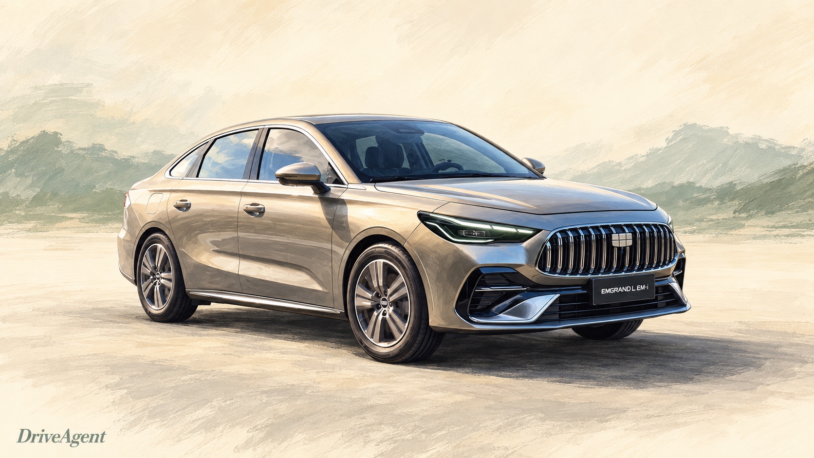 Editorial illustration of Geely Emgrand L EM-i sedan.