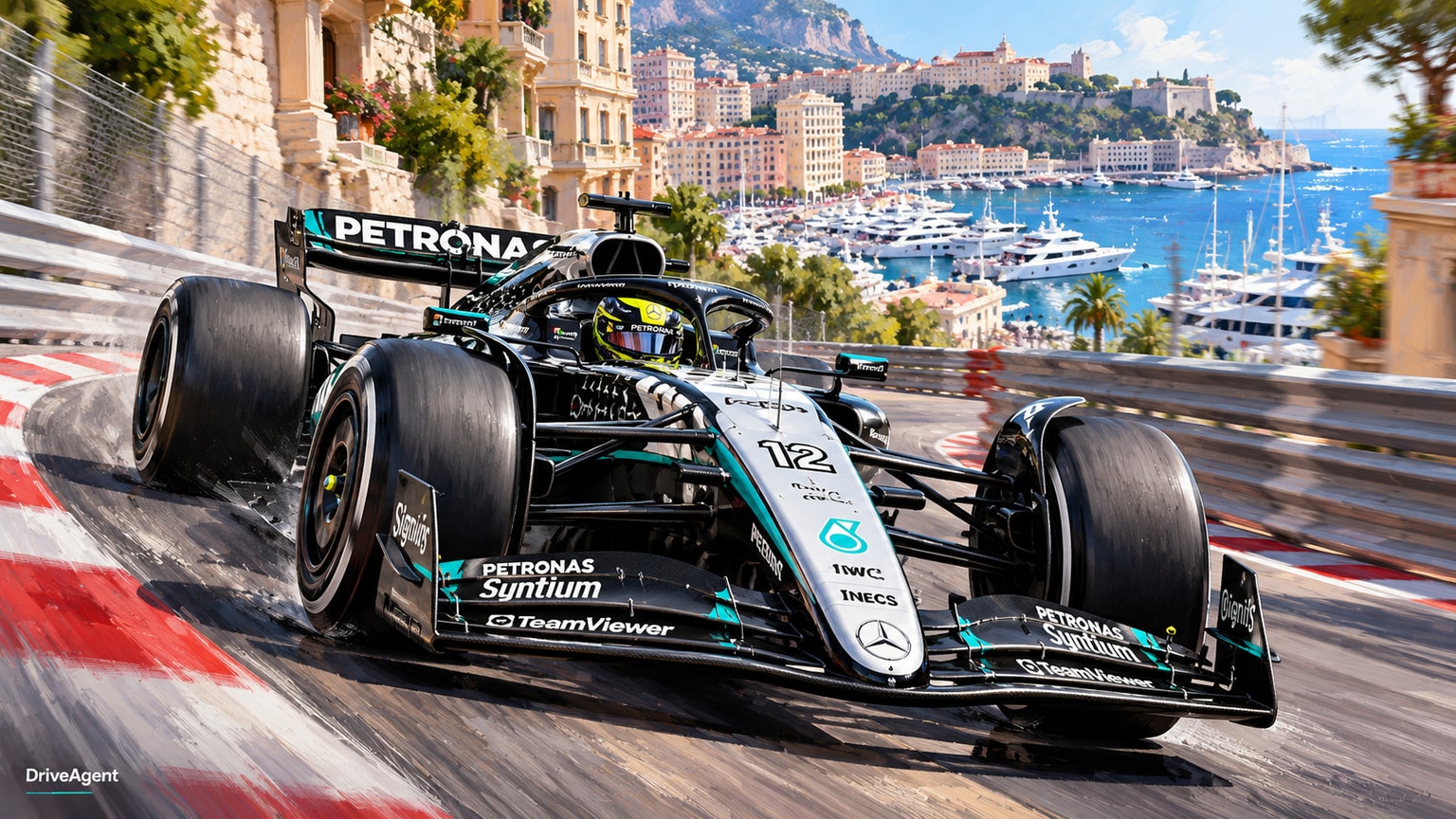 Editorial illustration of Mercedes-AMG W17, Mercedes car number 12, in a racing setting