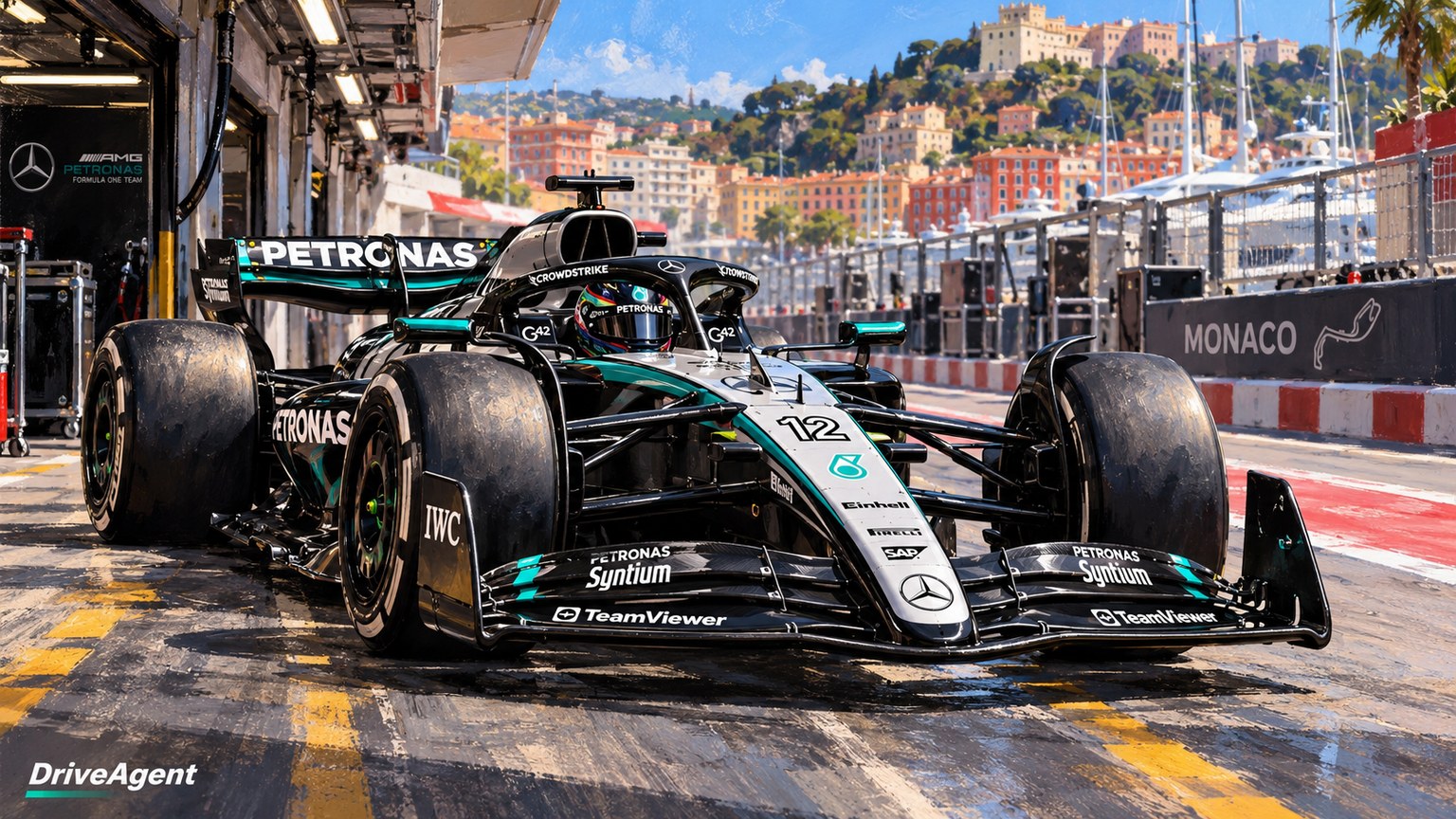 Editorial illustration of Mercedes-AMG W17, Mercedes car number 12, in a racing setting