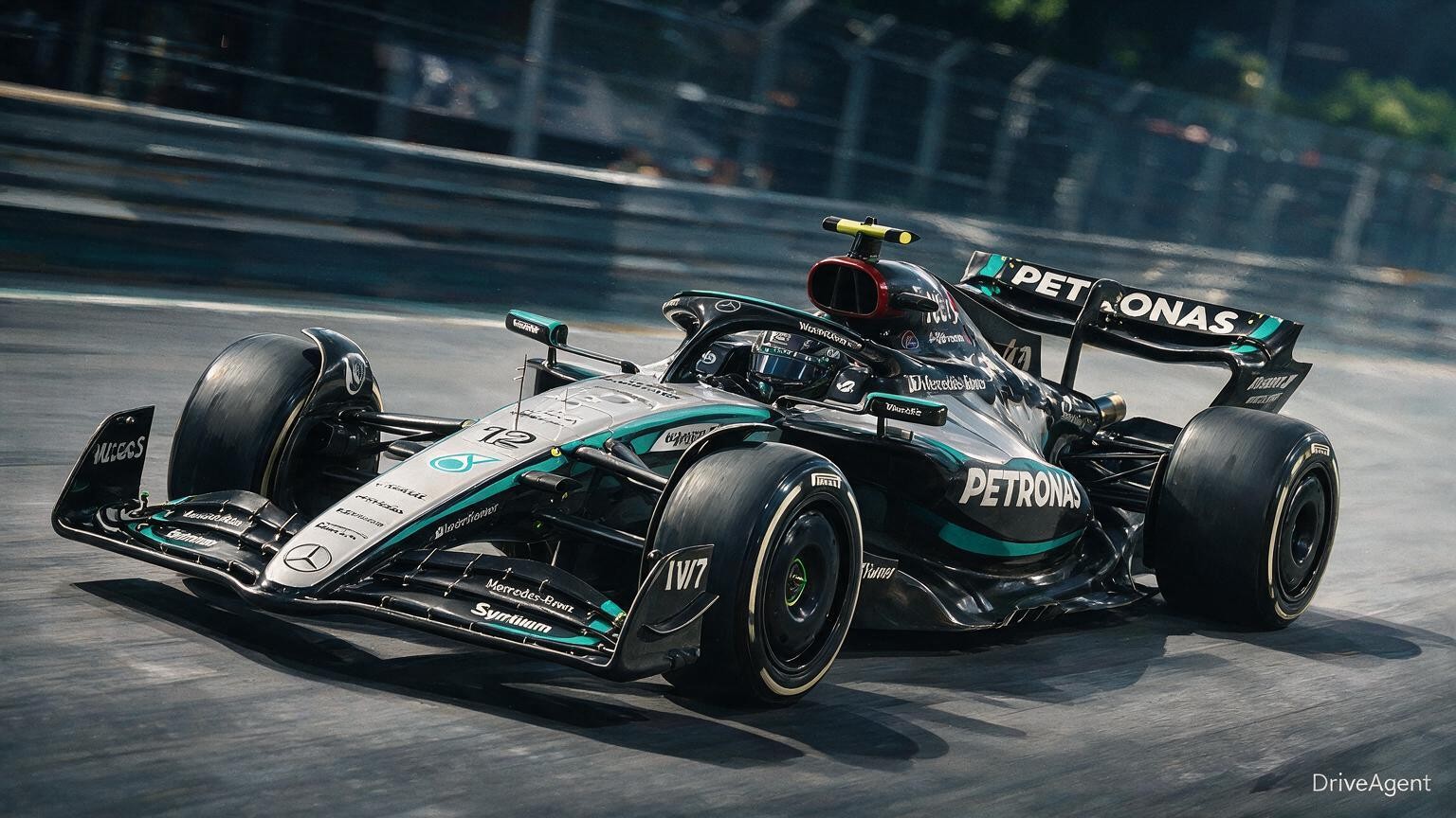 Editorial illustration of Mercedes-AMG W17, Mercedes car number 12, in a racing setting