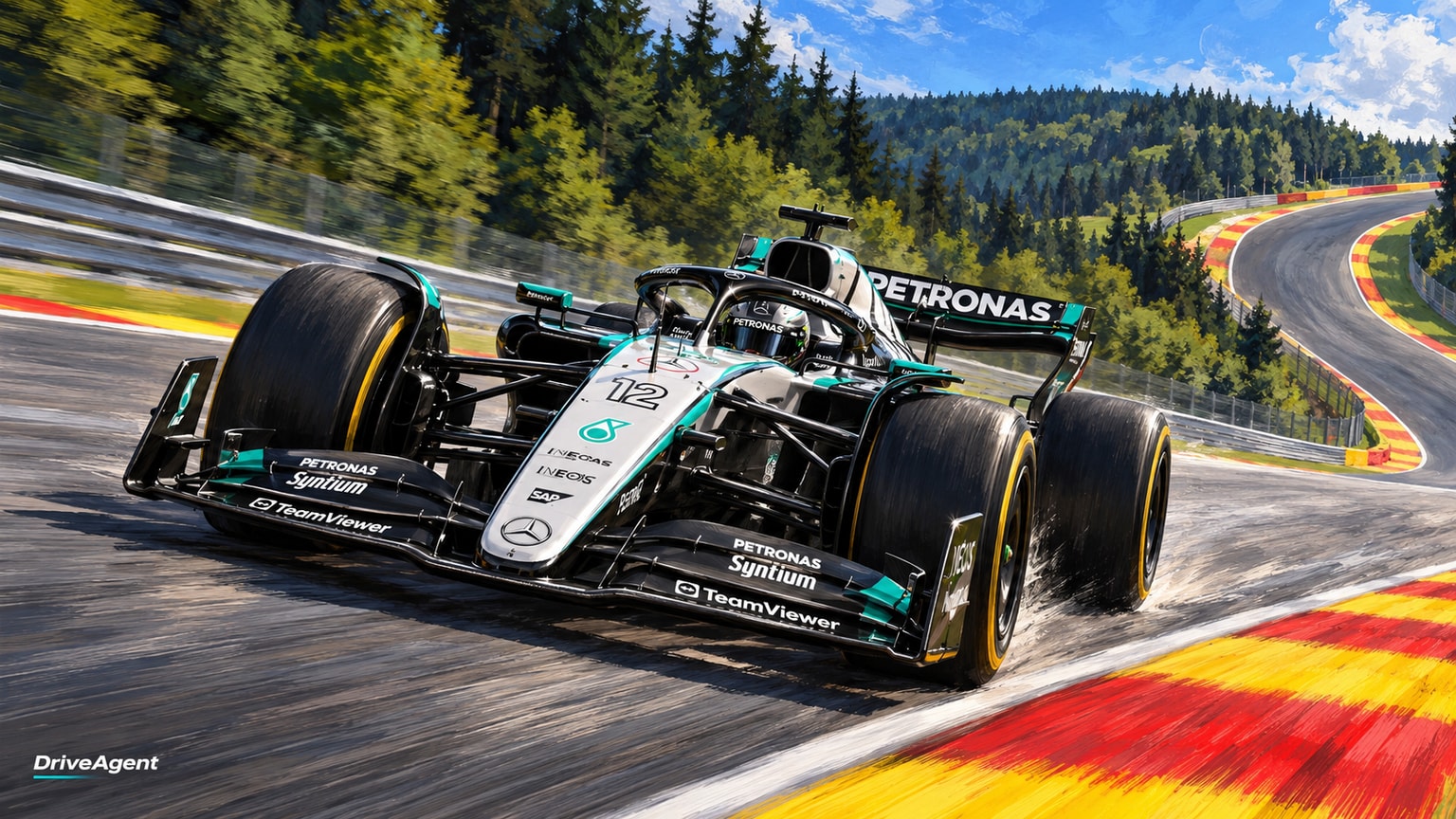 Editorial illustration of Mercedes-AMG W17, Mercedes car number 12, in a racing setting