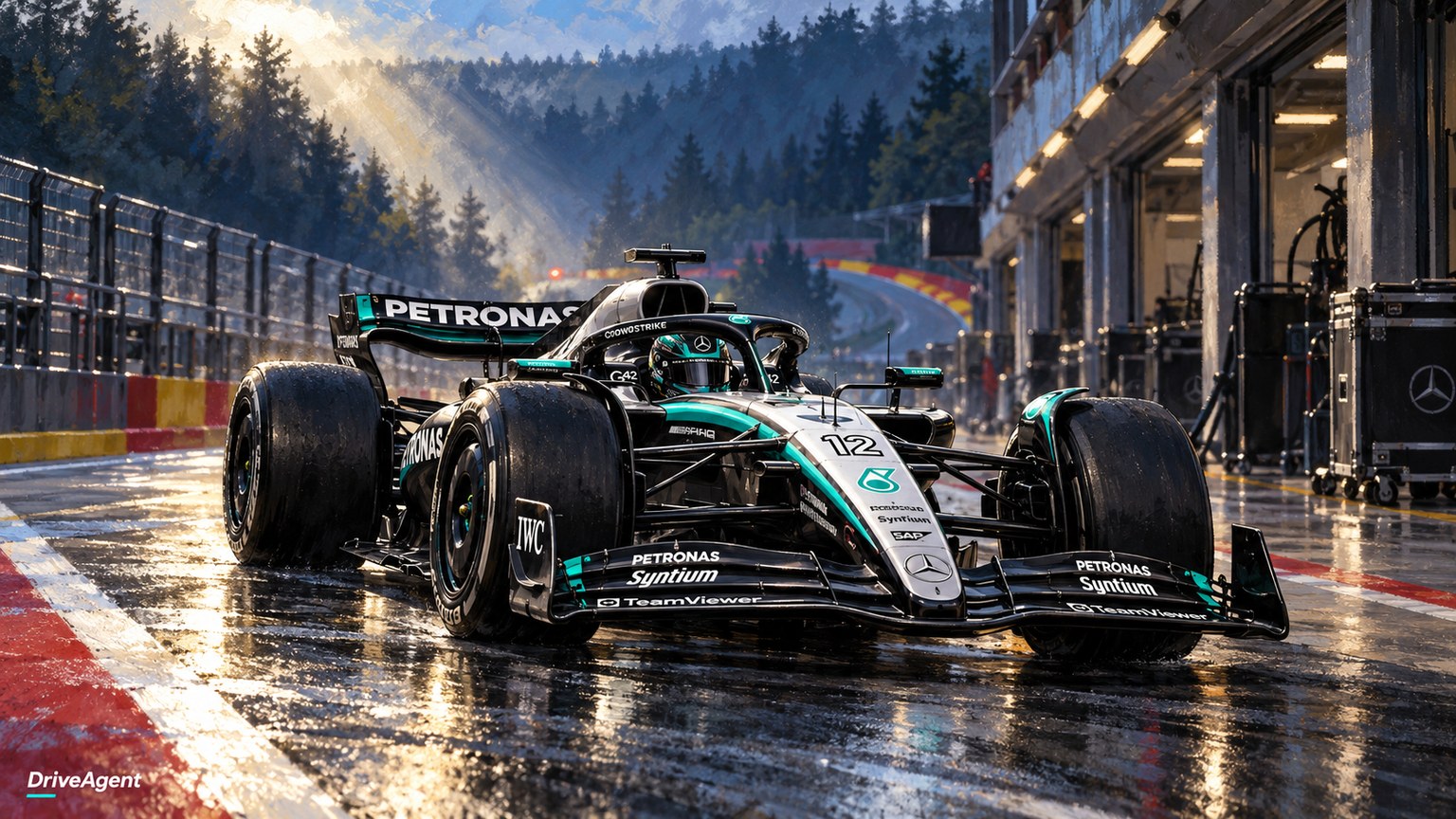 Editorial illustration of Mercedes-AMG W17, Mercedes car number 12, in a racing setting