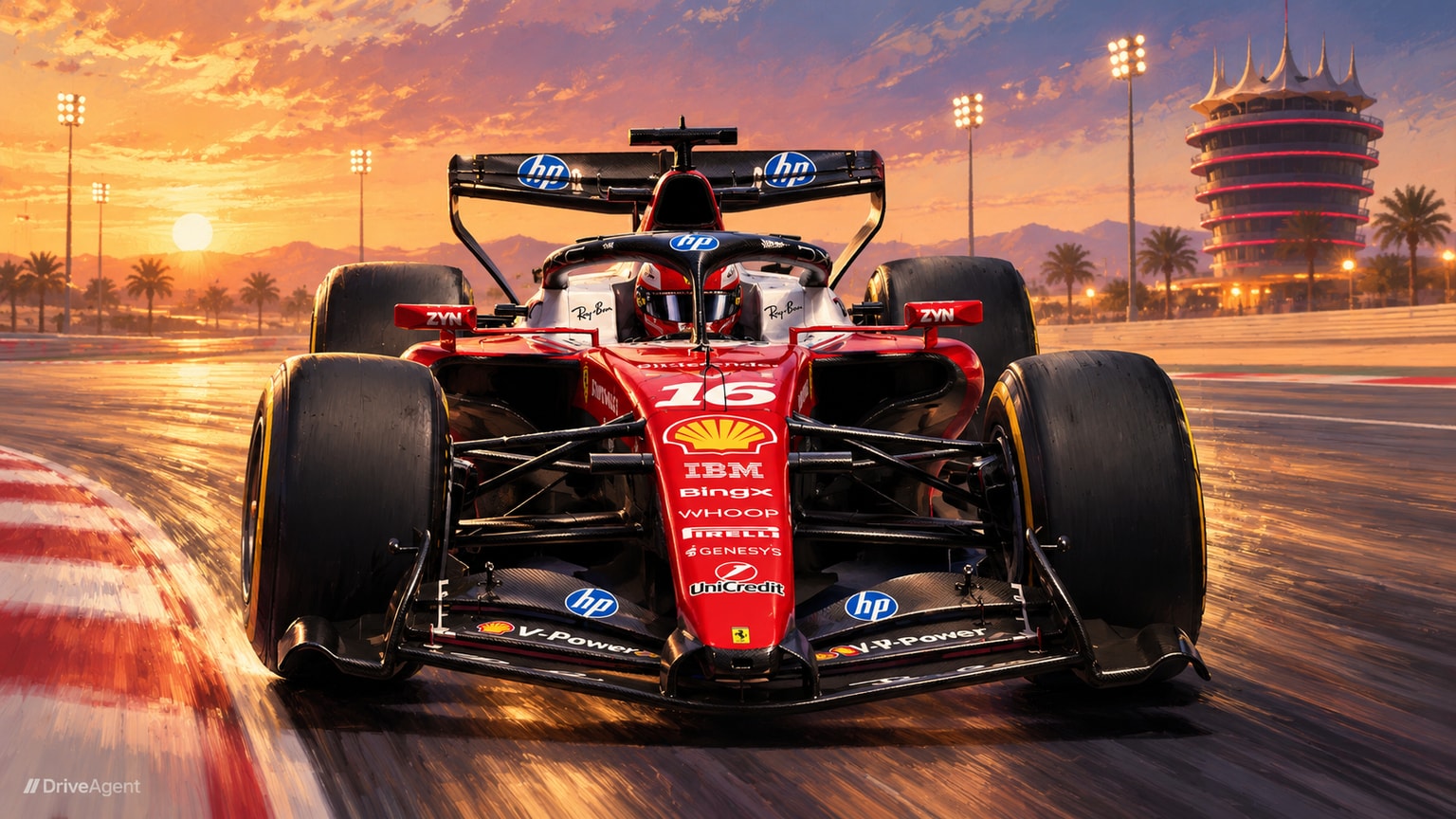 Editorial illustration of Ferrari SF-26, Ferrari car number 16, in a racing setting