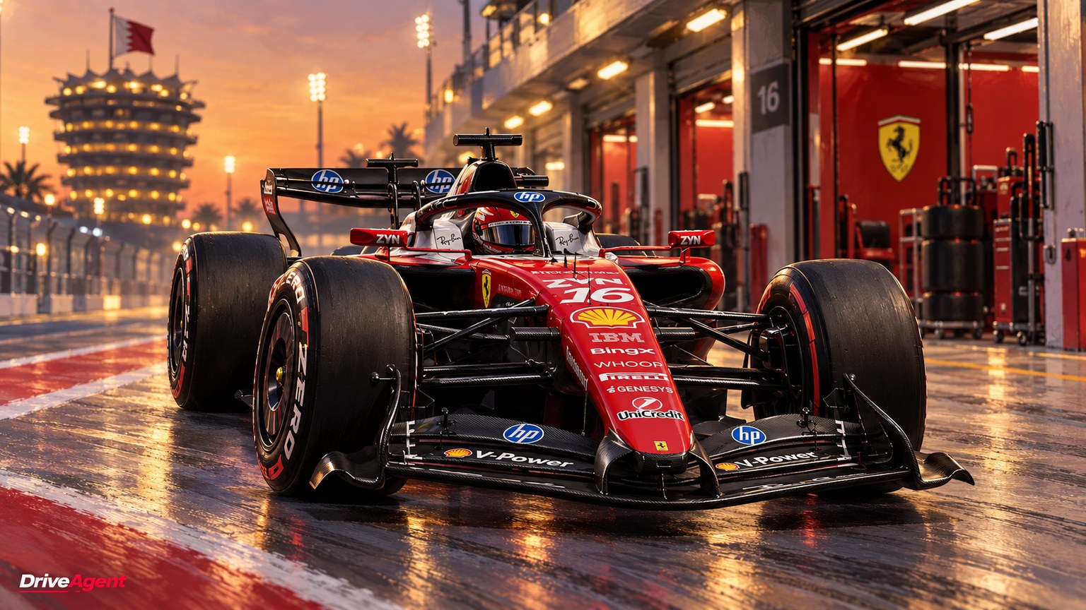 Editorial illustration of Ferrari SF-26, Ferrari car number 16, in a racing setting