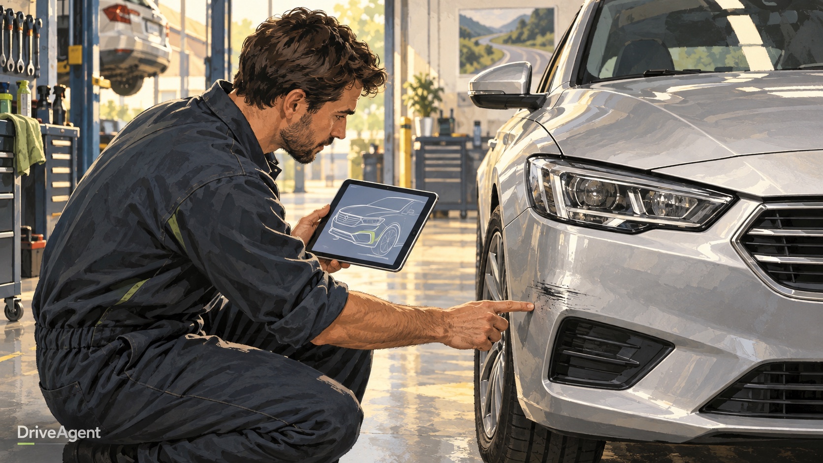 Editorial illustration: A technician assessing bumper damage with a tablet in a repair workshop.