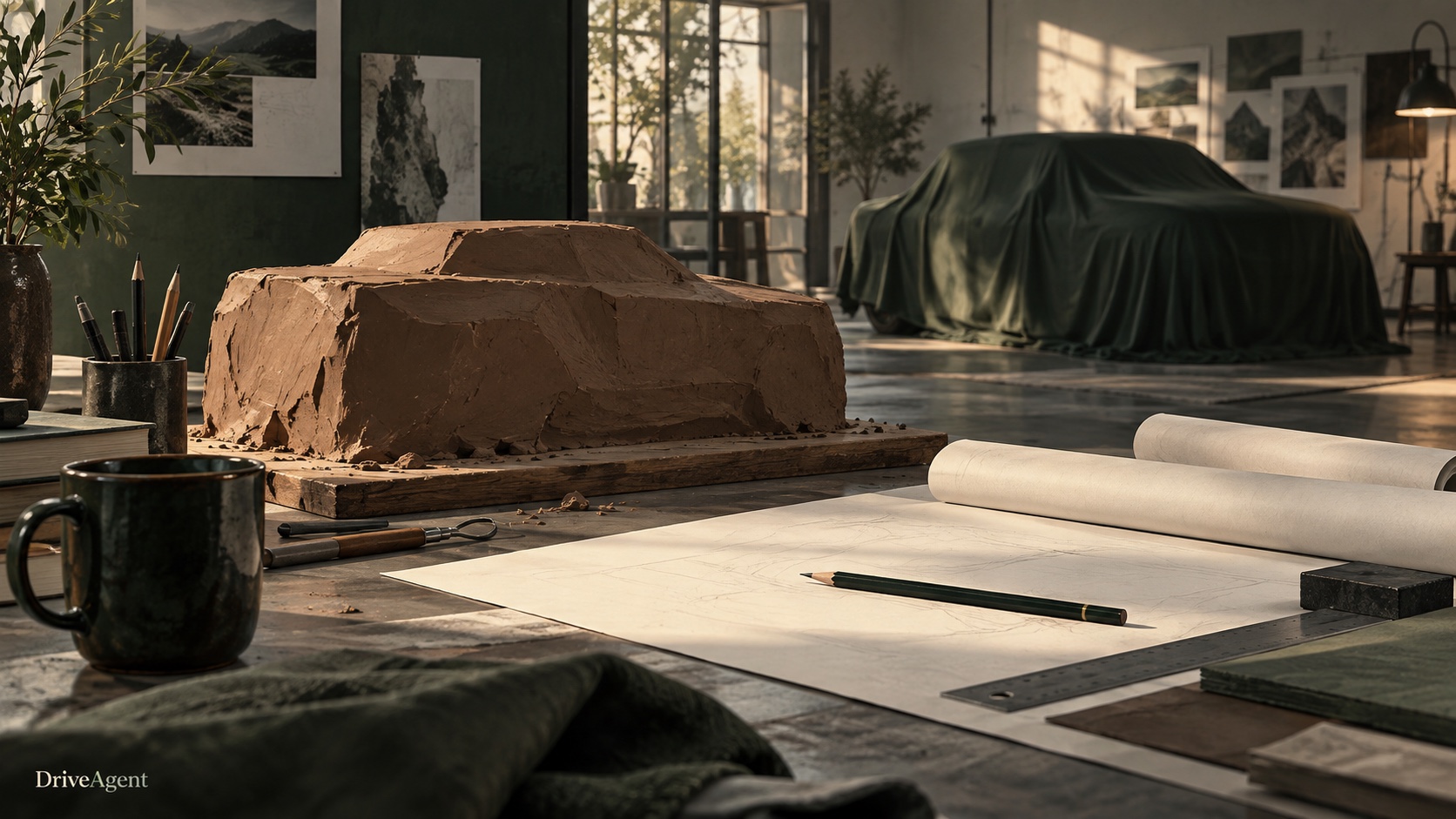 Editorial illustration: An unfinished clay model and covered vehicle in a design studio; not a proposed Defender design.